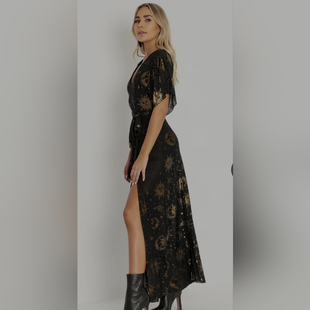BURNED VELVET SUN AND MOON GOLD KIMONO MAXI DRESS - LIMITED
